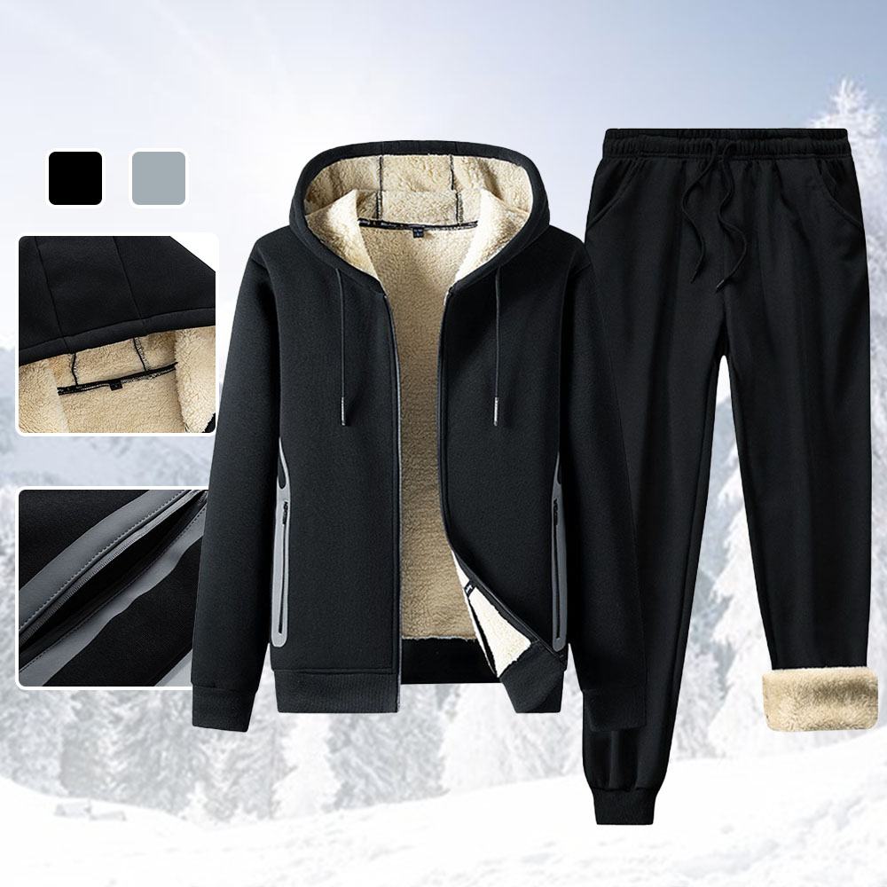 Men's Cotton and Linen Plush Hooded Jacket Sportswear Two-piece Suit