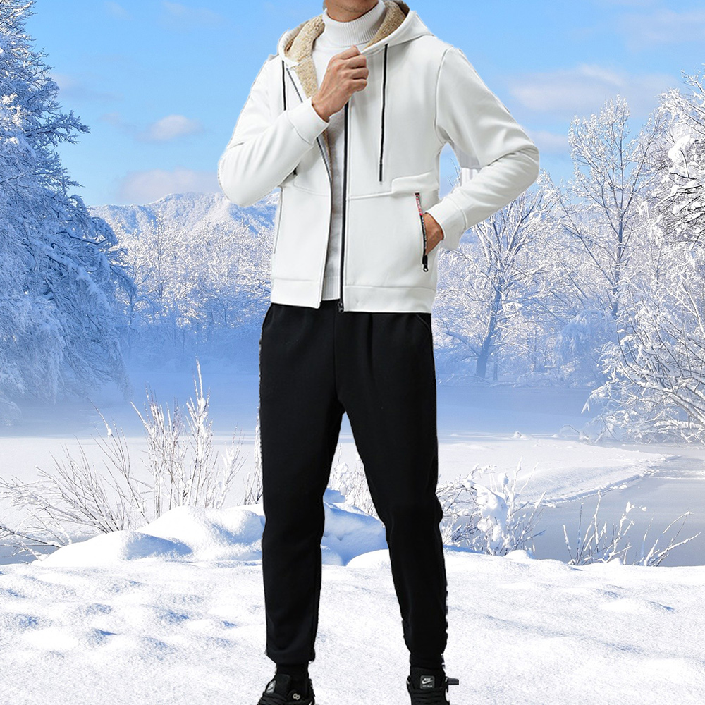 New autumn and winter men's lambswool thickened warm hooded sweatshirt suit