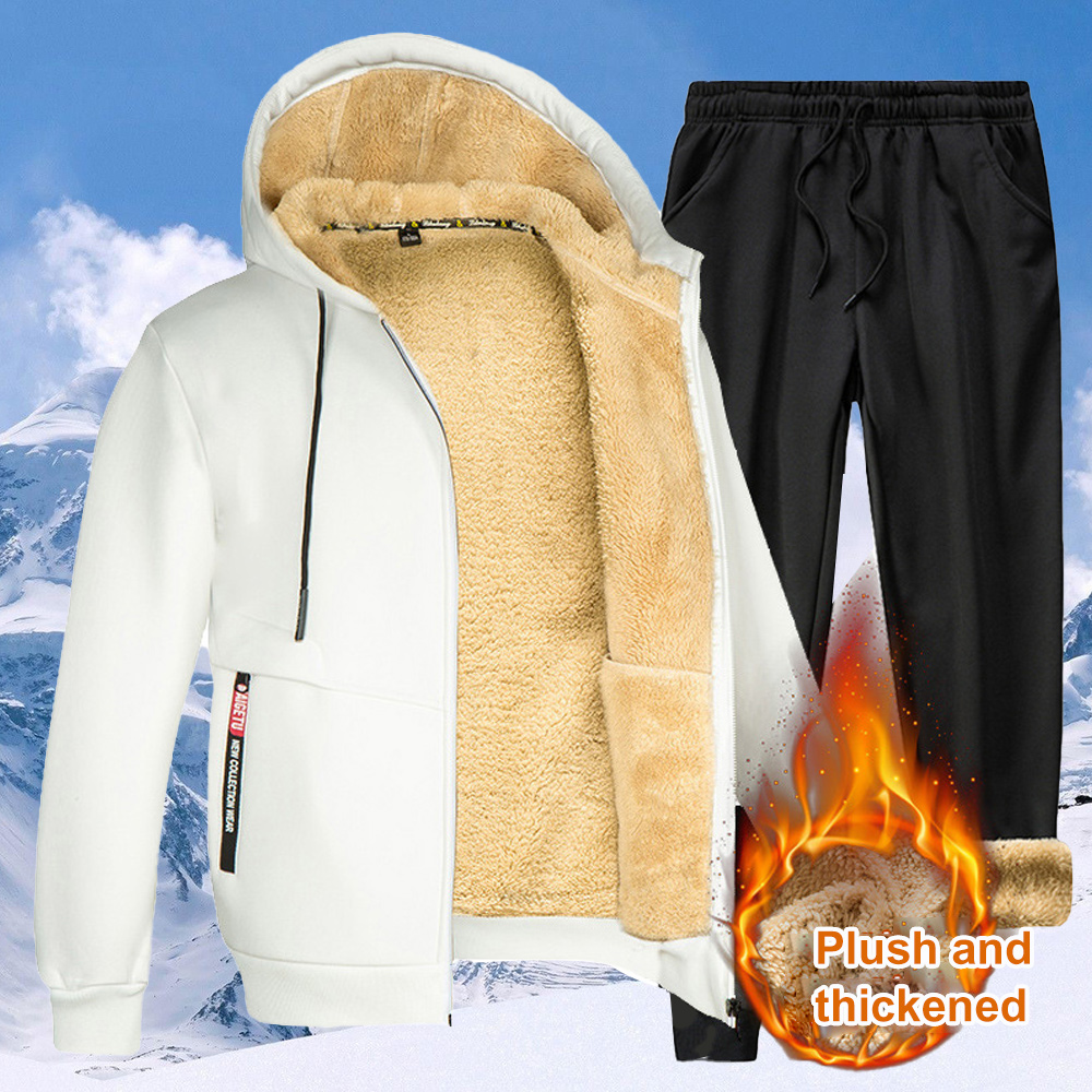 New autumn and winter men's lambswool thickened warm hooded sweatshirt suit