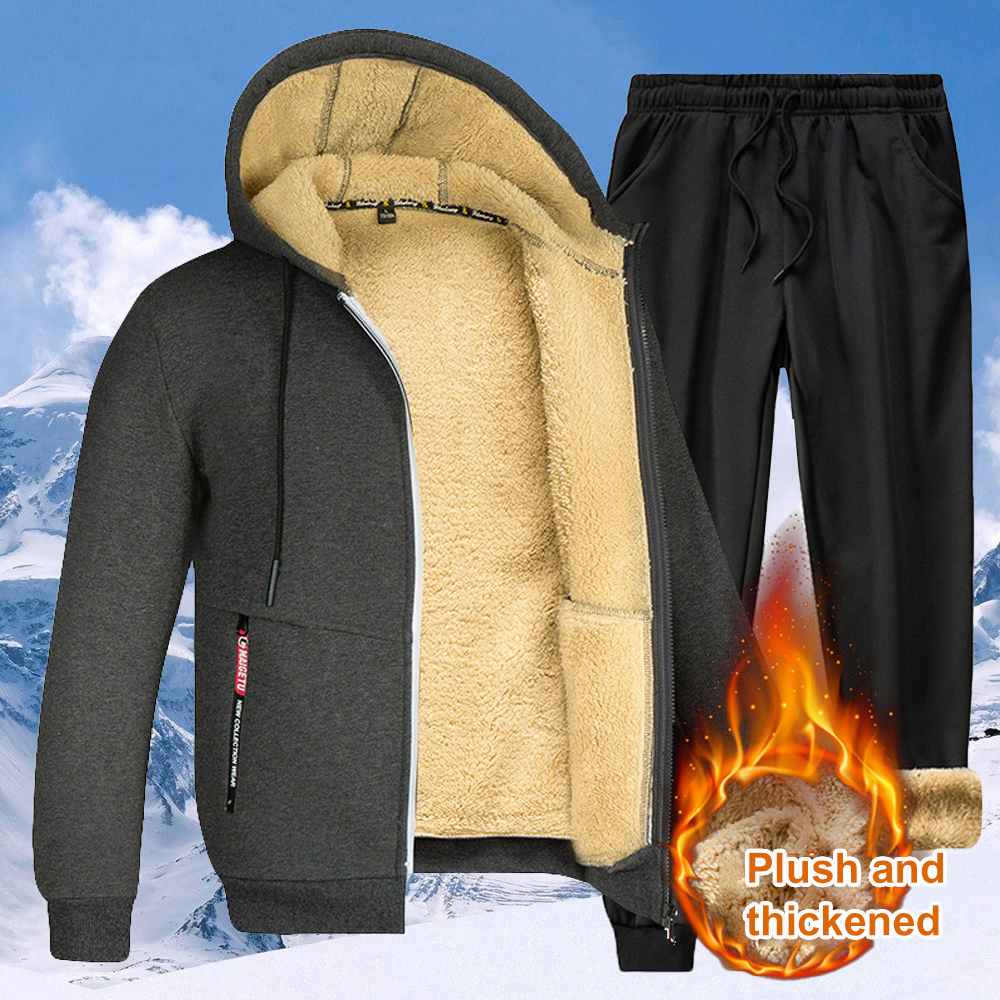 New autumn and winter men's lambswool thickened warm hooded sweatshirt suit