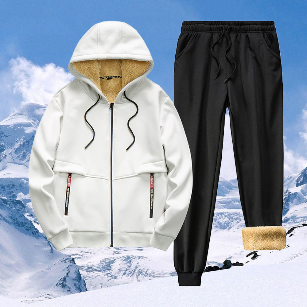 New autumn and winter men's lambswool thickened warm hooded sweatshirt suit