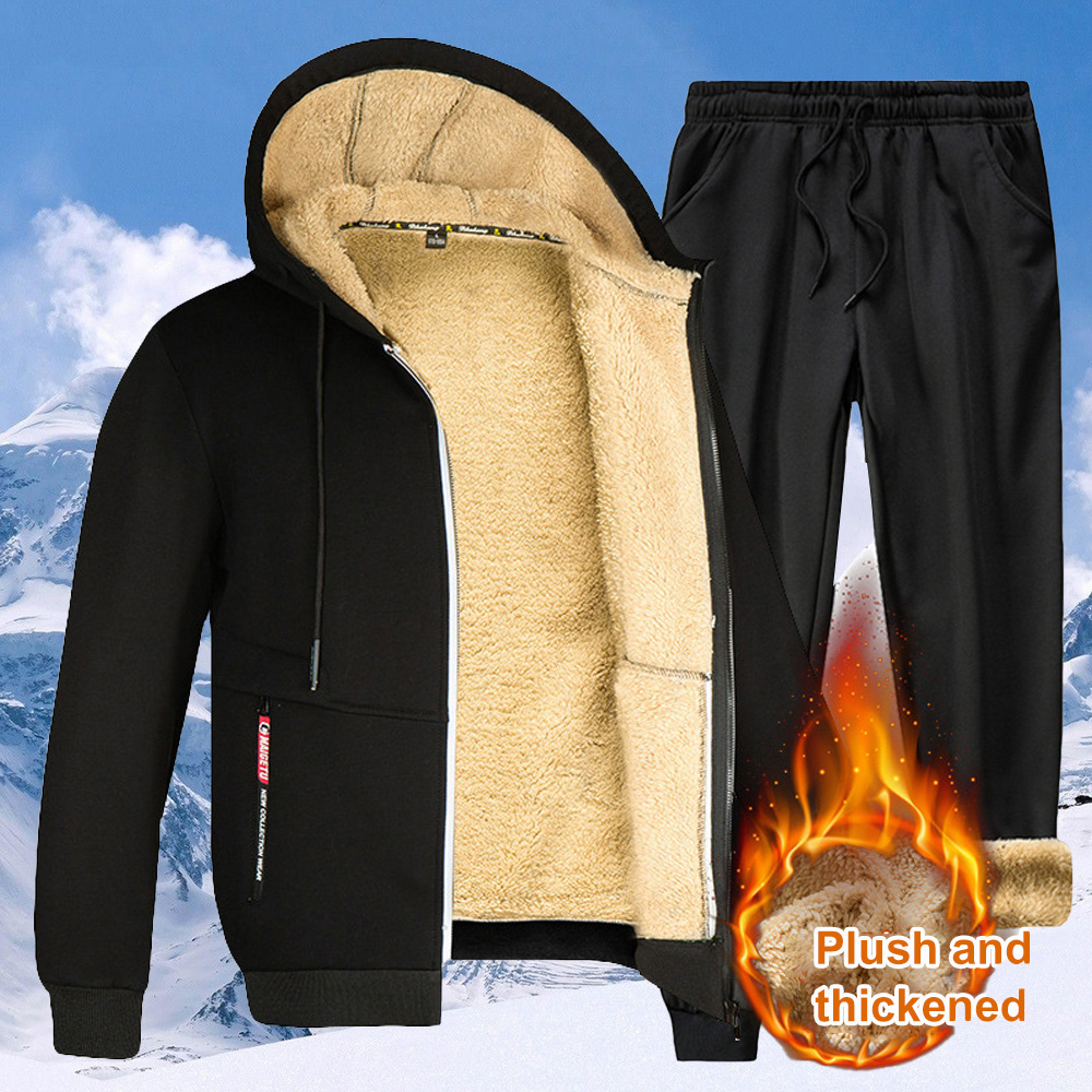 New autumn and winter men's lambswool thickened warm hooded sweatshirt suit