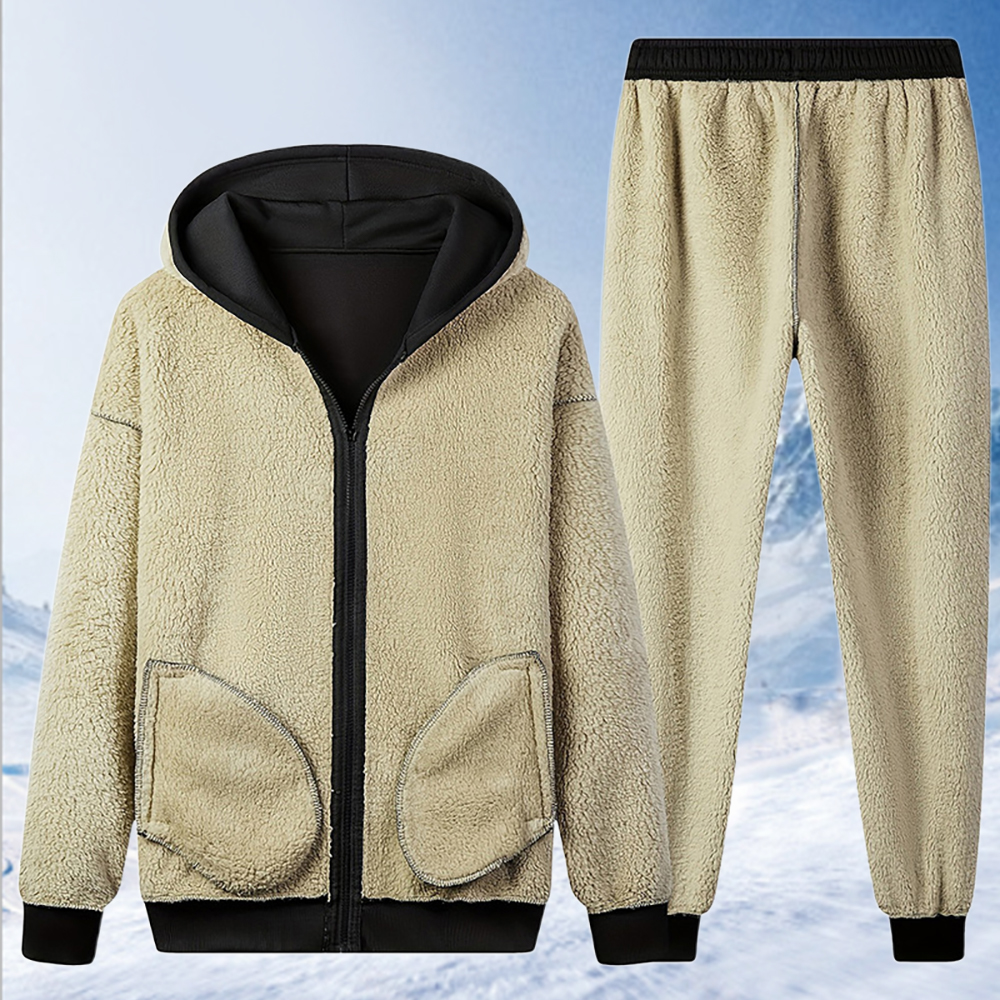 Autumn and winter new men's lambskin hooded jacket and trousers suit