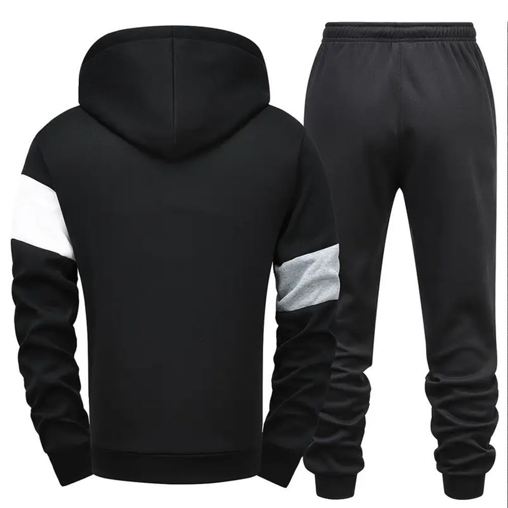 Men's fleece colorblock casual sports hooded sweatshirt and pants two-piece set