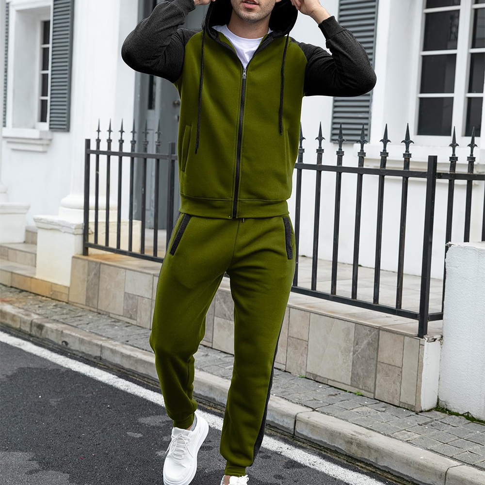New autumn and winter men's color matching hooded sweatshirt and trousers sports suit