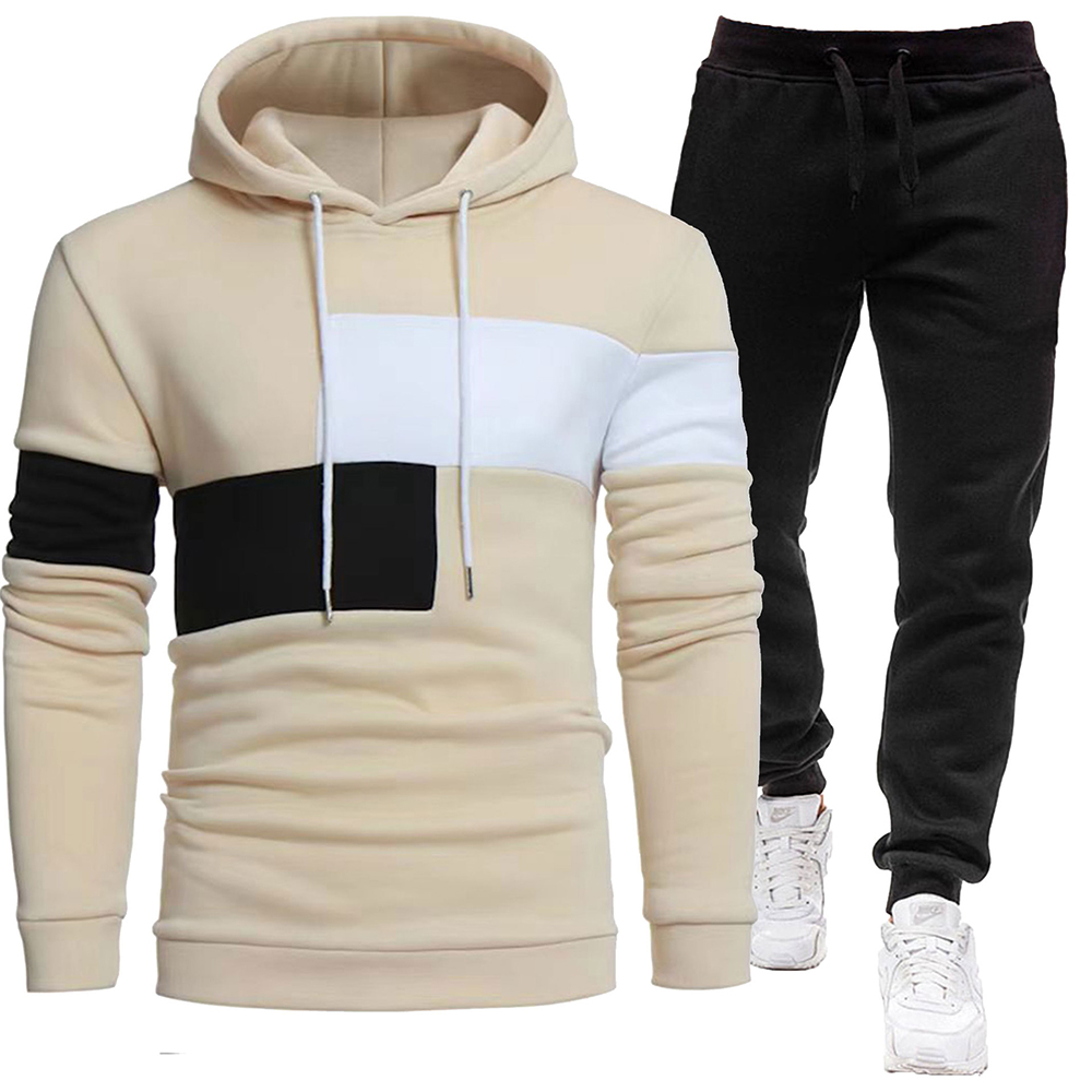Men's fleece colorblock casual sports hooded sweatshirt and pants two-piece set