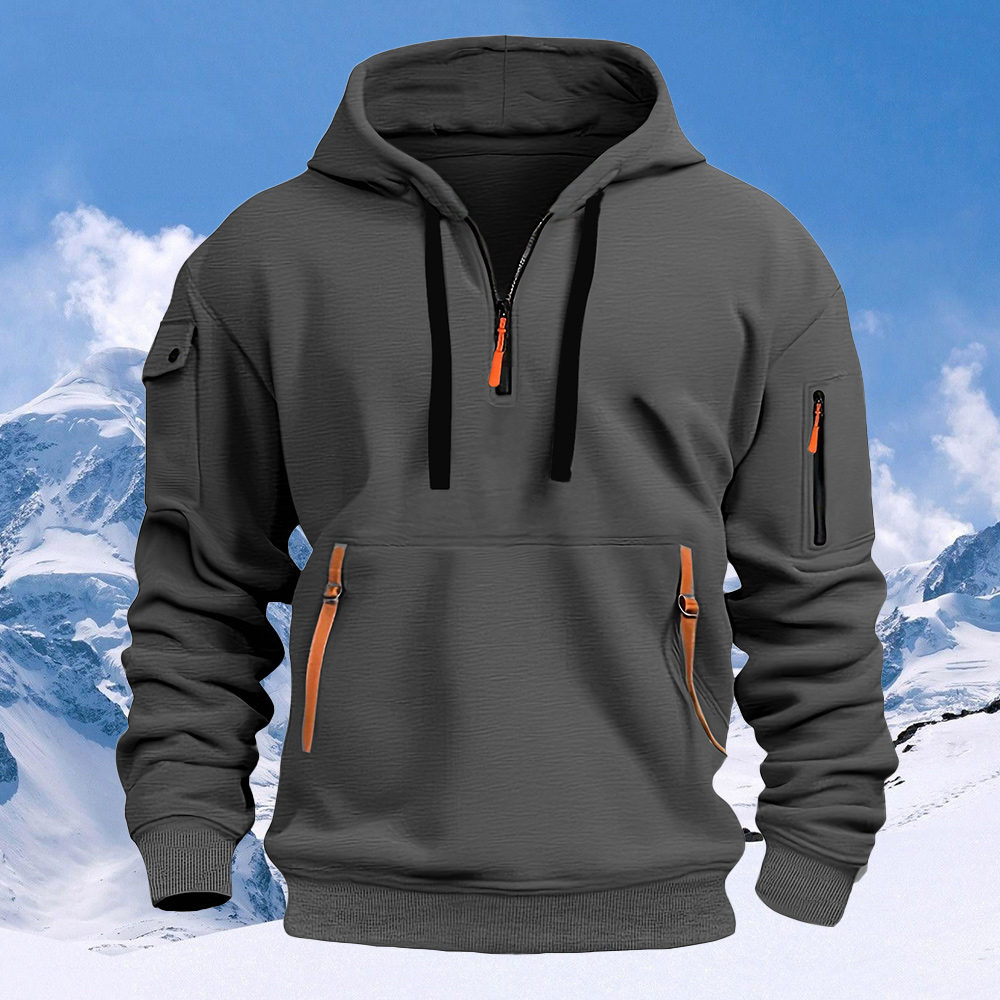 Men's New Multi-Pocket Half Zip Hoodie Long Sleeve Sweatshirt