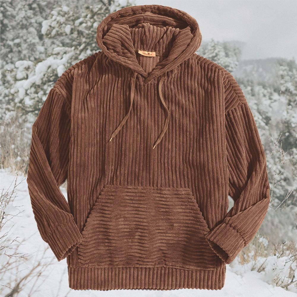 Men's corduroy solid color hooded pocket sweatshirt