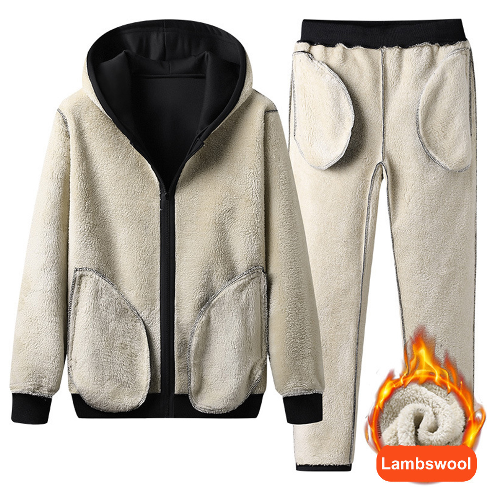 Men's Artificial Cashmere Long Sleeve Hooded Jacket + Pants Set