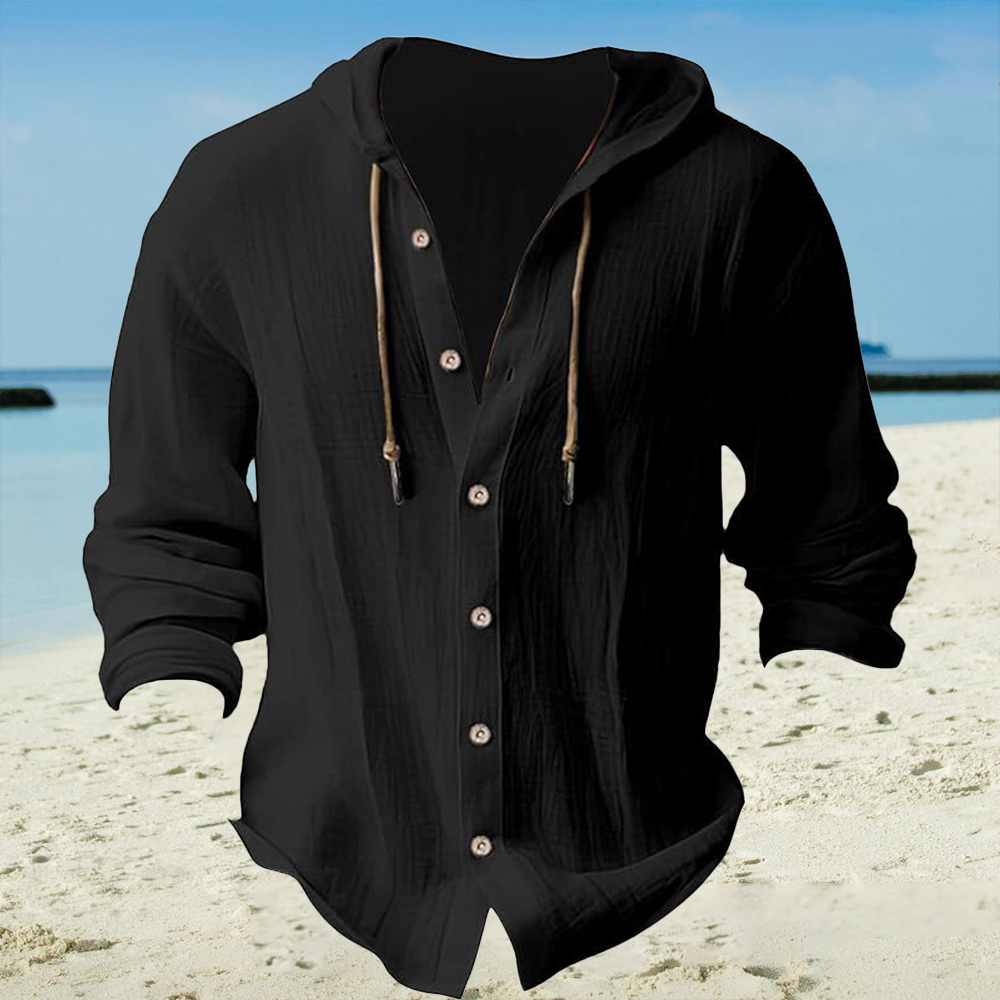 Men's casual cotton and linen hooded solid color hoodie