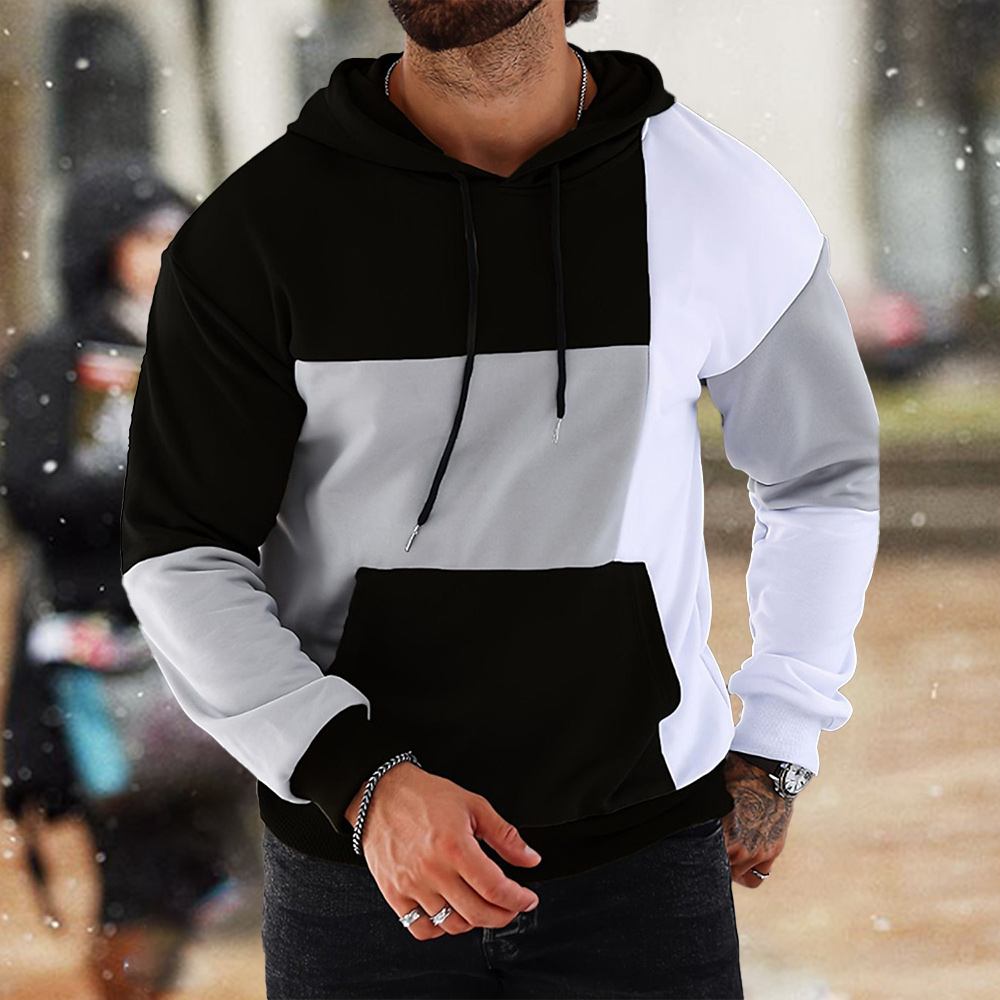 Men's color matching pocket drawstring hoodie sweatshirt
