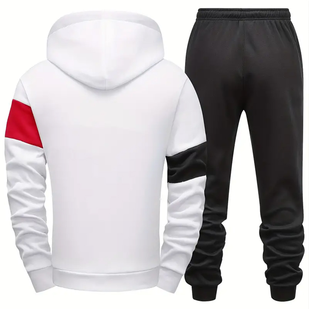 Men's fleece colorblock casual sports hooded sweatshirt and pants two-piece set