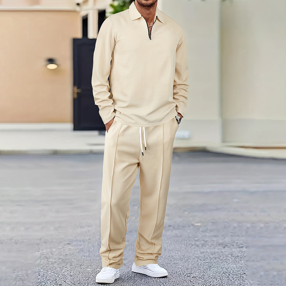 Men's stylish and comfortable lapel two-piece sports casual polo suit