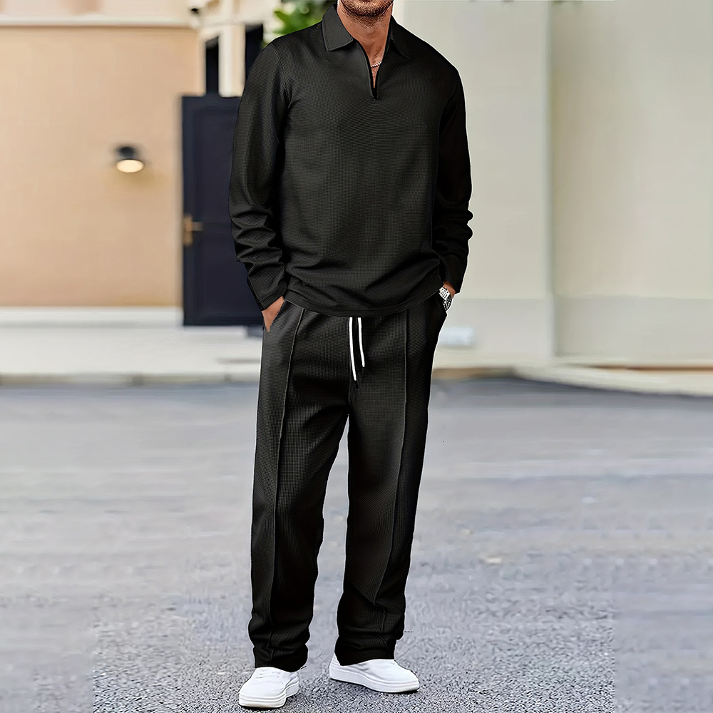 Men's stylish and comfortable lapel two-piece sports casual polo suit