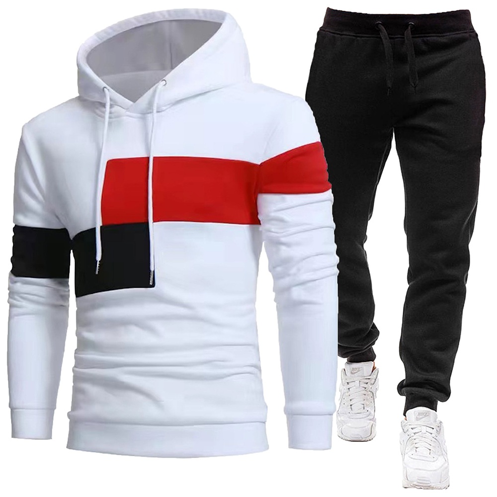 Men's fleece colorblock casual sports hooded sweatshirt and pants two-piece set