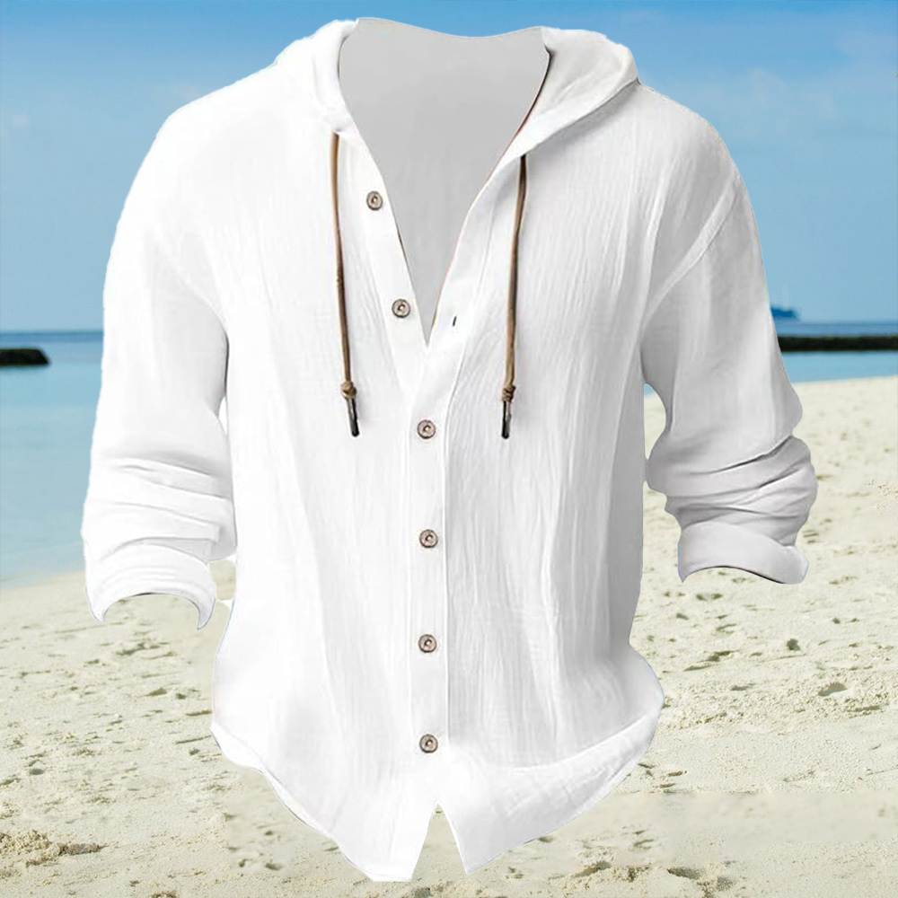 Men's casual cotton and linen hooded solid color hoodie