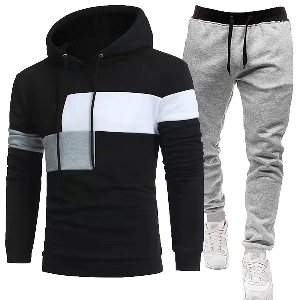 Men's fleece colorblock casual sports hooded sweatshirt and pants two-piece set