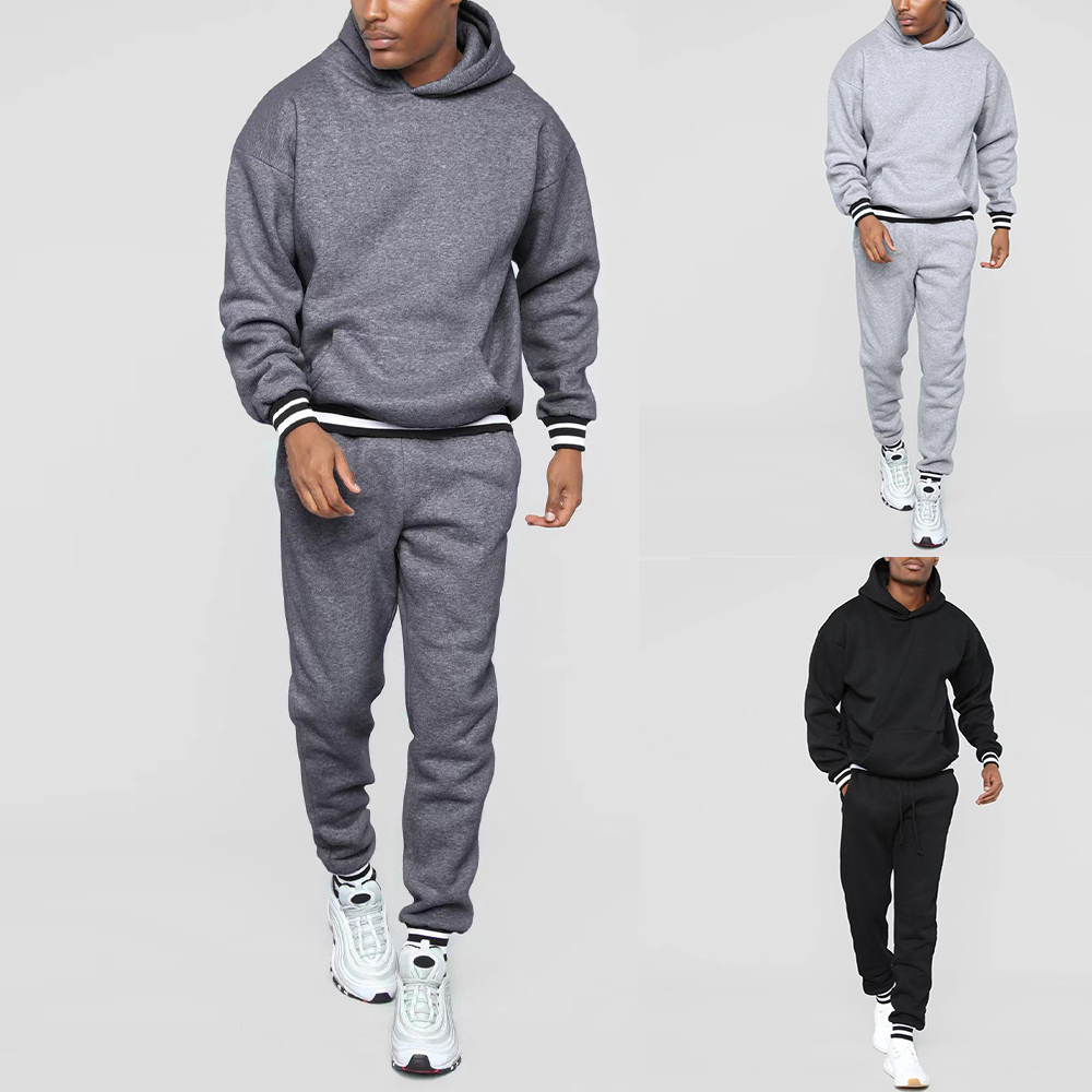 New Men's Colorblock Striped Hooded Sweatshirt and Pants Two-piece Set