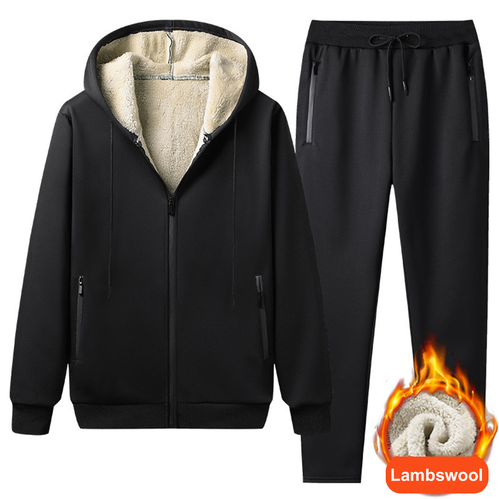Men's Artificial Cashmere Long Sleeve Hooded Jacket + Pants Set