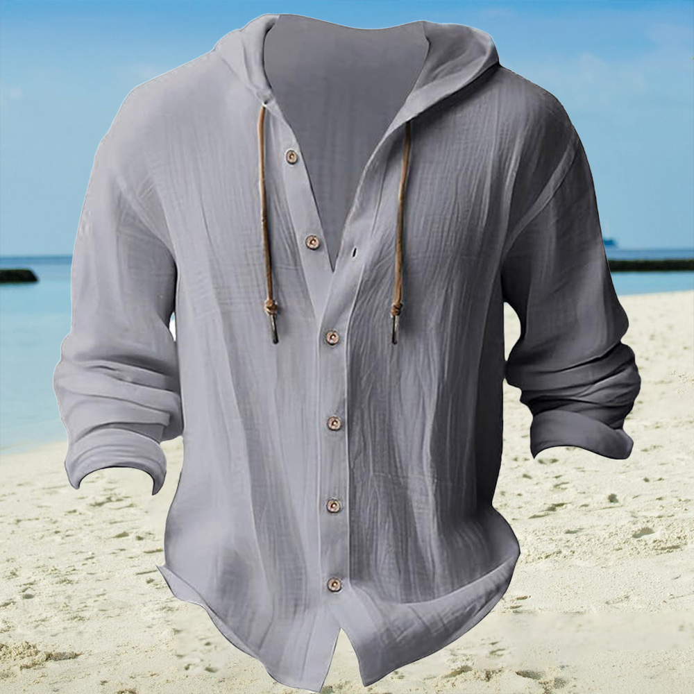 Men's casual cotton and linen hooded solid color hoodie