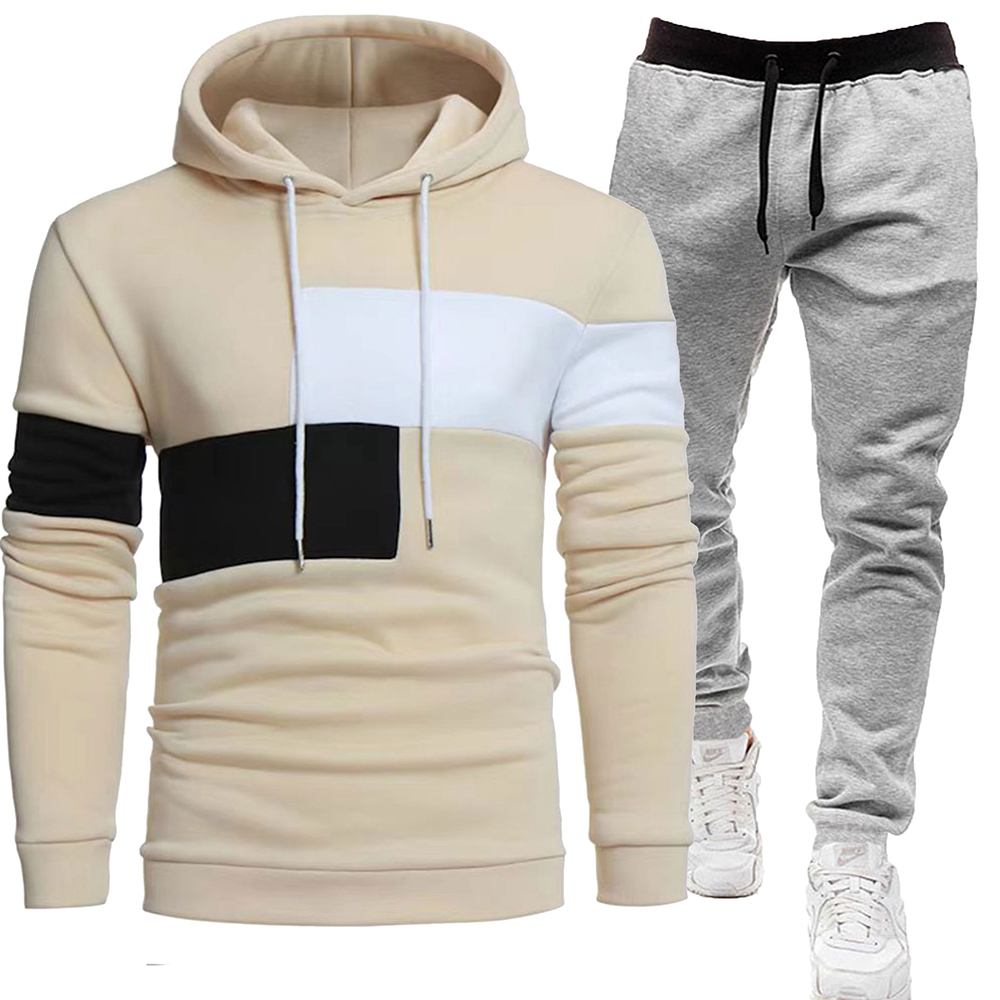 Men's fleece colorblock casual sports hooded sweatshirt and pants two-piece set