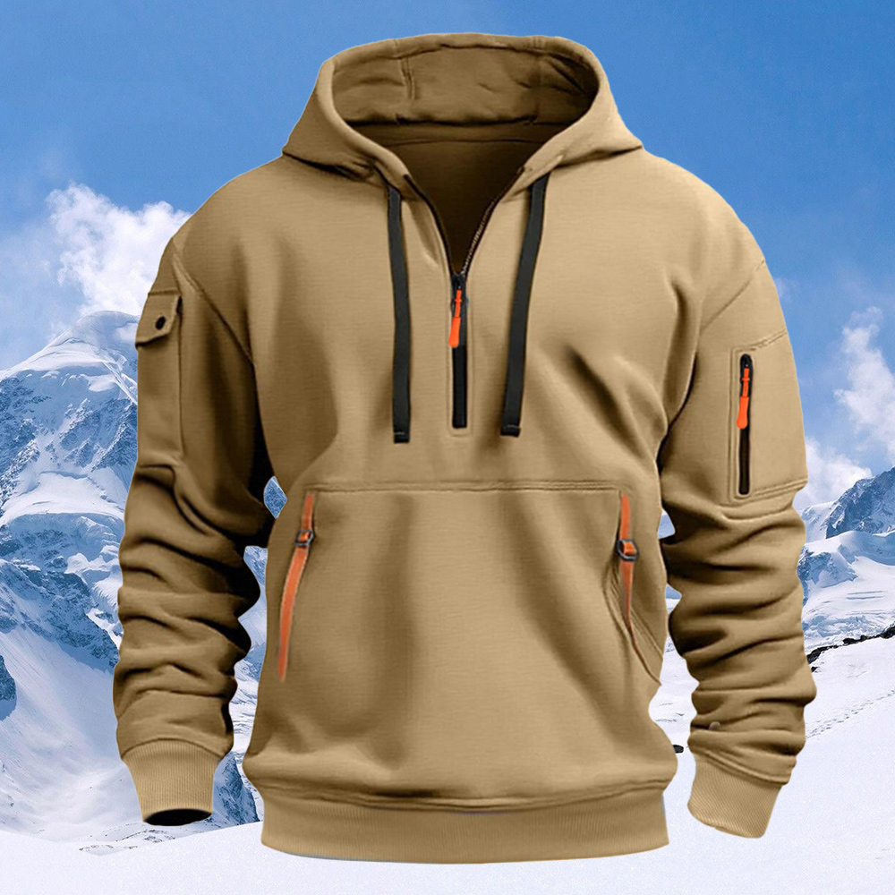 Men's New Multi-Pocket Half Zip Hoodie Long Sleeve Sweatshirt