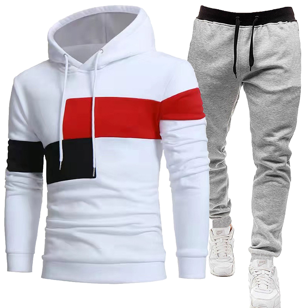 Men's fleece colorblock casual sports hooded sweatshirt and pants two-piece set