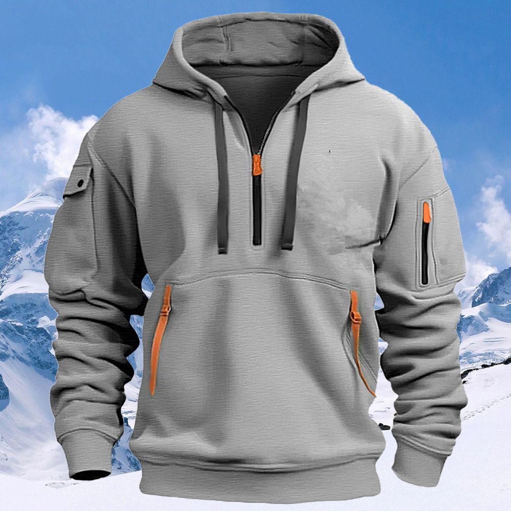 Men's New Multi-Pocket Half Zip Hoodie Long Sleeve Sweatshirt