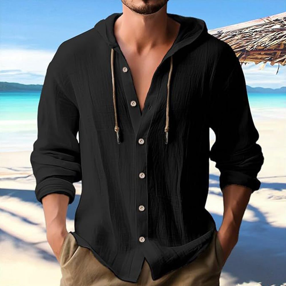 Men's casual cotton and linen hooded solid color hoodie