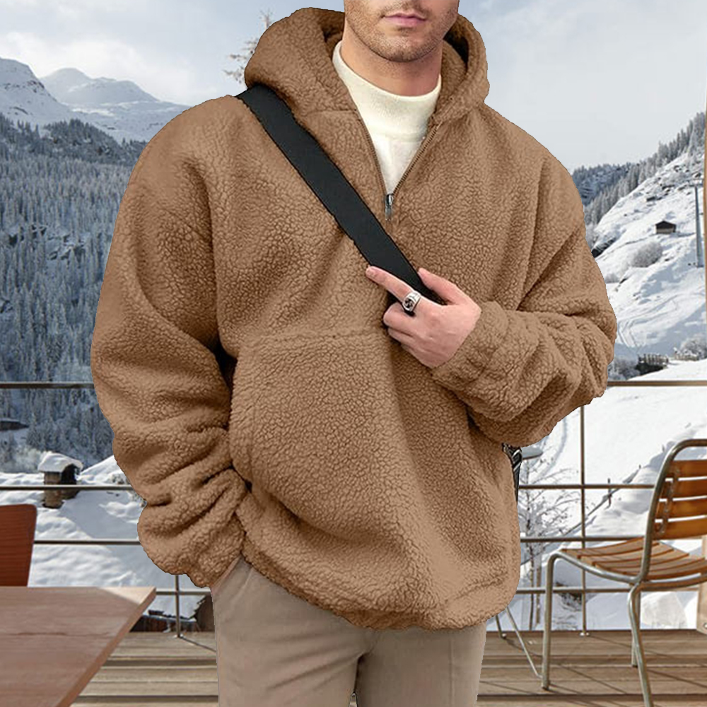Men's half-zip solid flannel hooded sweatshirt
