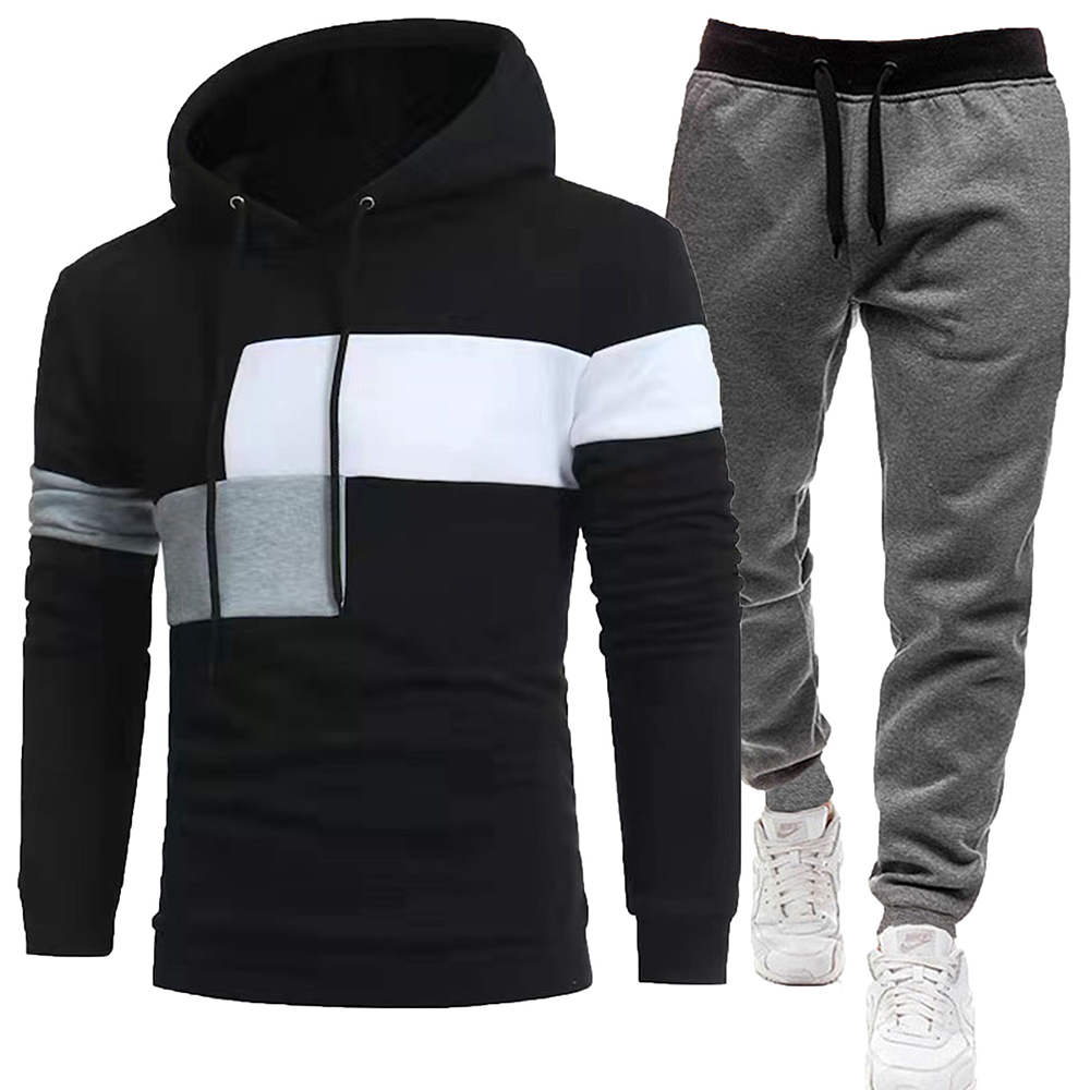 Men's fleece colorblock casual sports hooded sweatshirt and pants two-piece set