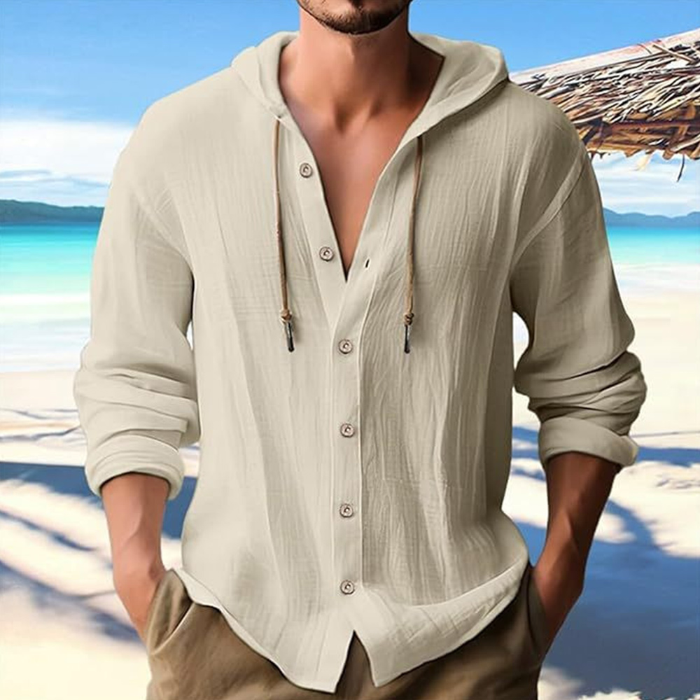 Men's casual cotton and linen hooded solid color hoodie