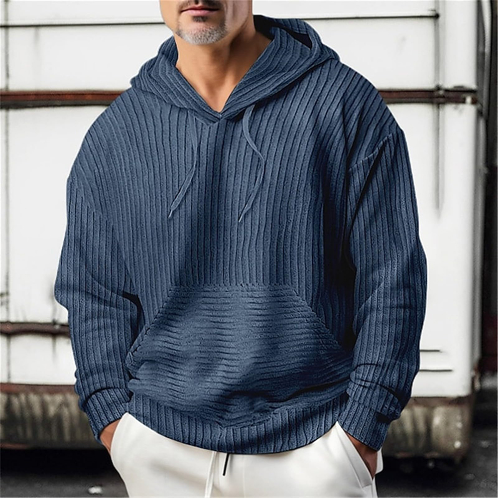 Men's corduroy solid color hooded pocket sweatshirt