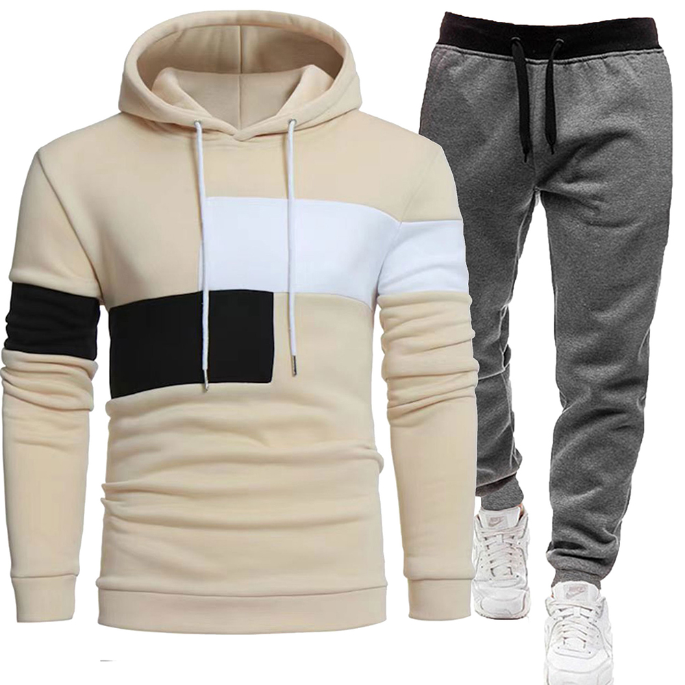 Men's fleece colorblock casual sports hooded sweatshirt and pants two-piece set