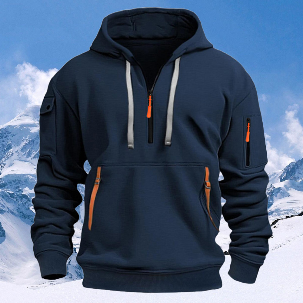 Men's New Multi-Pocket Half Zip Hoodie Long Sleeve Sweatshirt