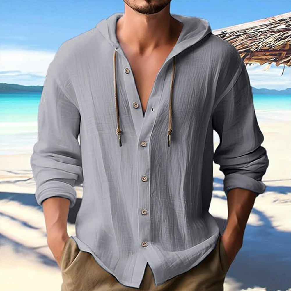 Men's casual cotton and linen hooded solid color hoodie