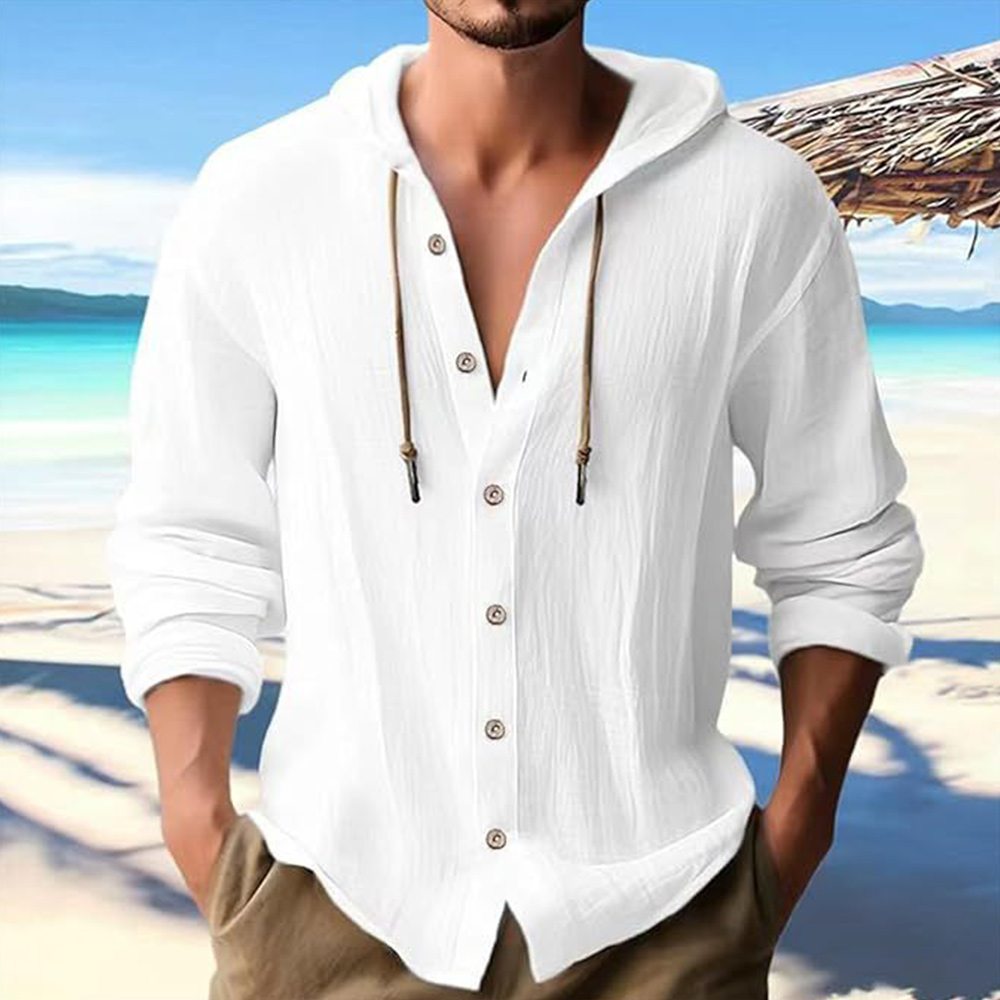 Men's casual cotton and linen hooded solid color hoodie