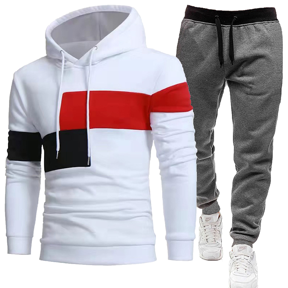 Men's fleece colorblock casual sports hooded sweatshirt and pants two-piece set