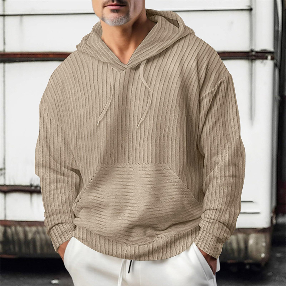 Men's corduroy solid color hooded pocket sweatshirt