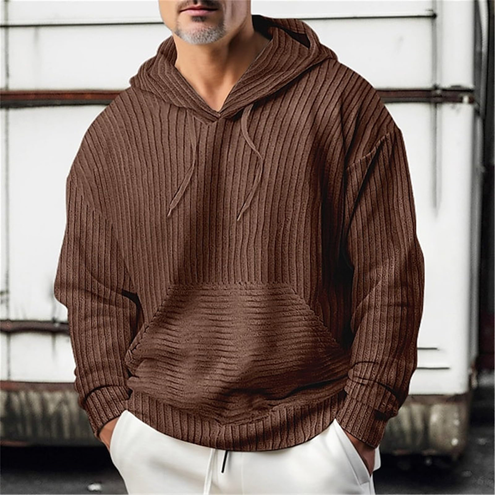Men's corduroy solid color hooded pocket sweatshirt