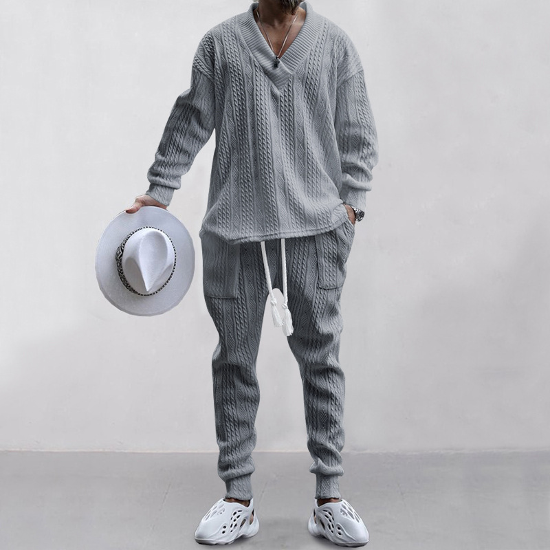 Autumn and winter men's casual versatile jacquard sweater two-piece suit