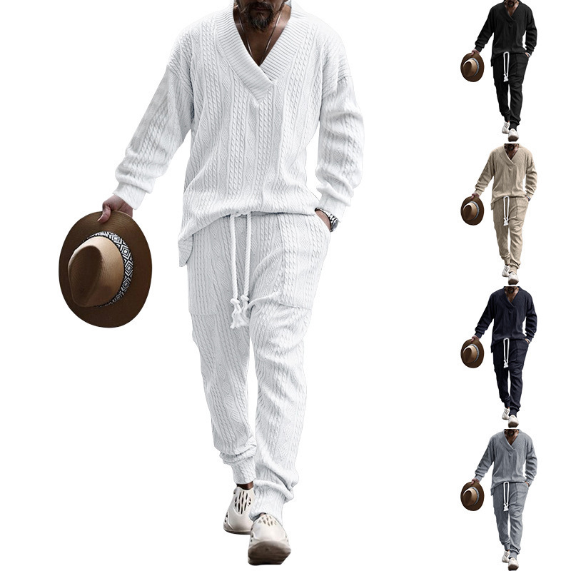 Autumn and winter men's casual versatile jacquard sweater two-piece suit