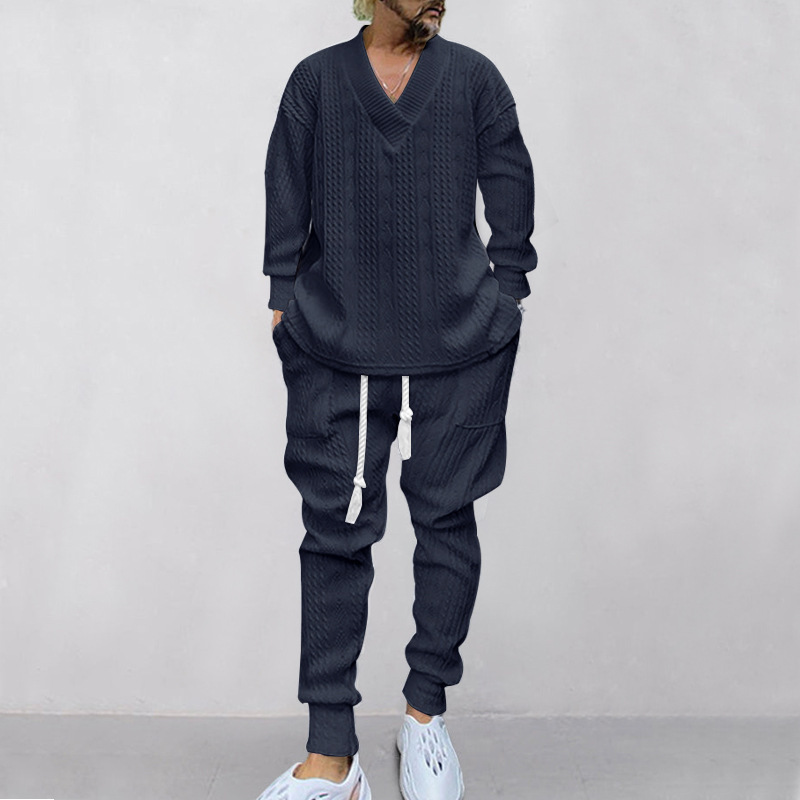 Autumn and winter men's casual versatile jacquard sweater two-piece suit