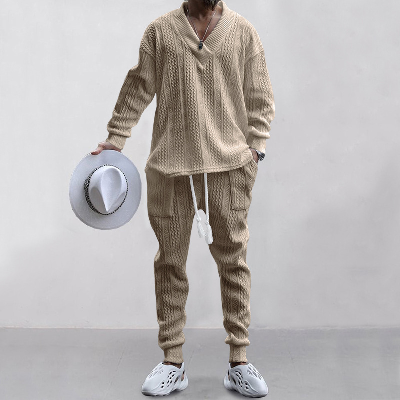 Autumn and winter men's casual versatile jacquard sweater two-piece suit