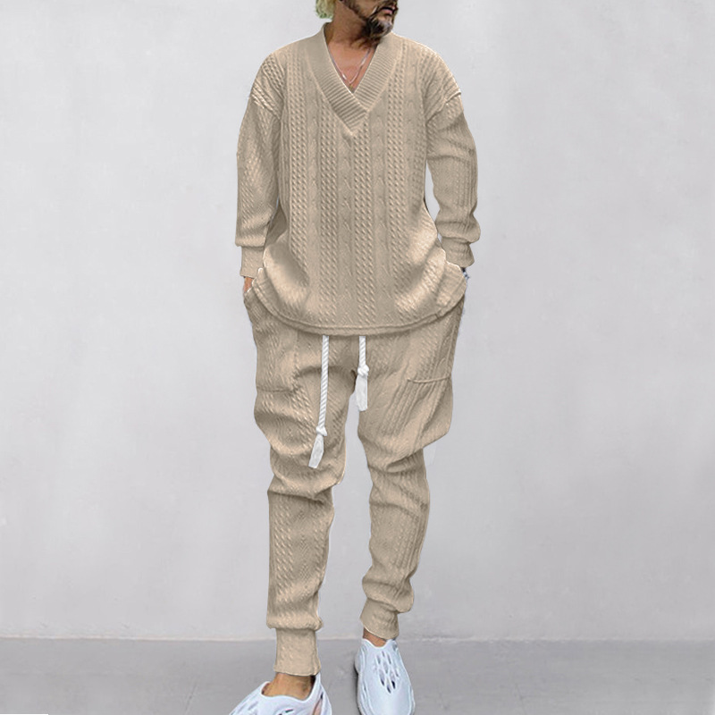 Autumn and winter men's casual versatile jacquard sweater two-piece suit