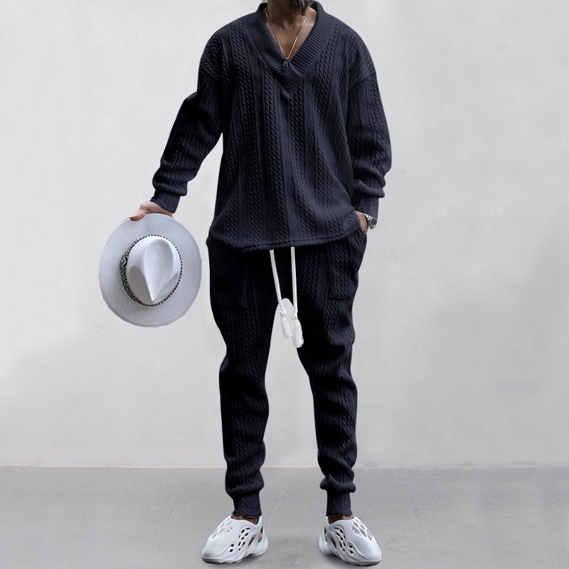 Autumn and winter men's casual versatile jacquard sweater two-piece suit