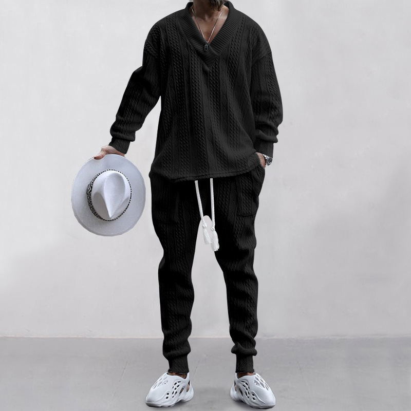 Autumn and winter men's casual versatile jacquard sweater two-piece suit
