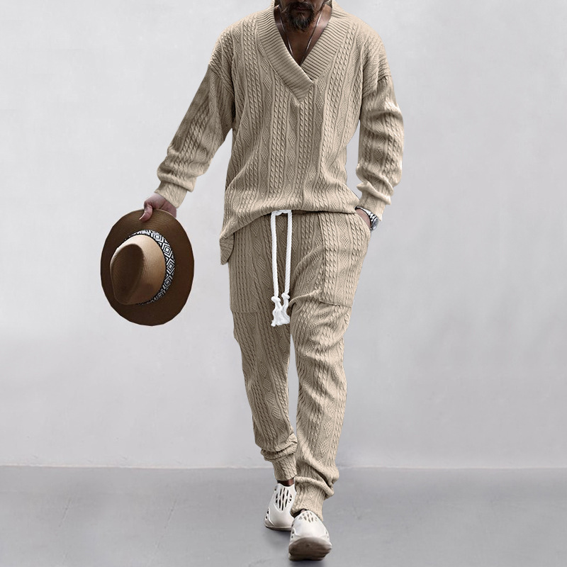 Autumn and winter men's casual versatile jacquard sweater two-piece suit