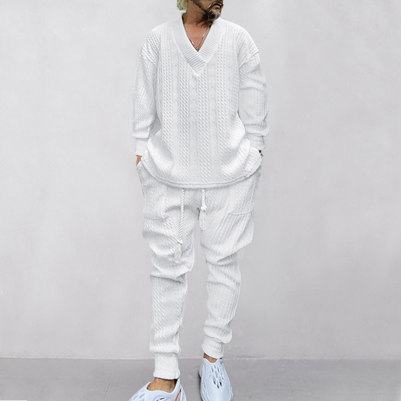 Autumn and winter men's casual versatile jacquard sweater two-piece suit