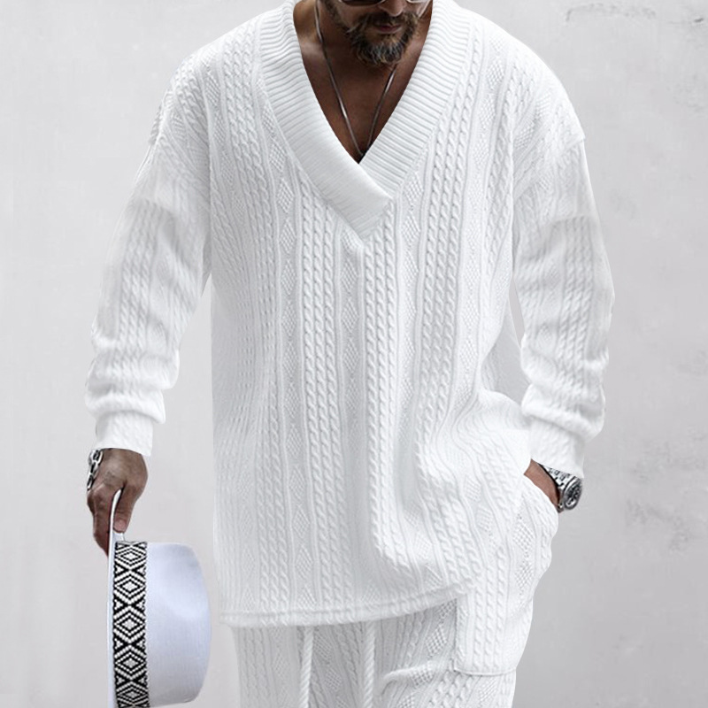 Autumn and winter men's casual versatile jacquard sweater two-piece suit